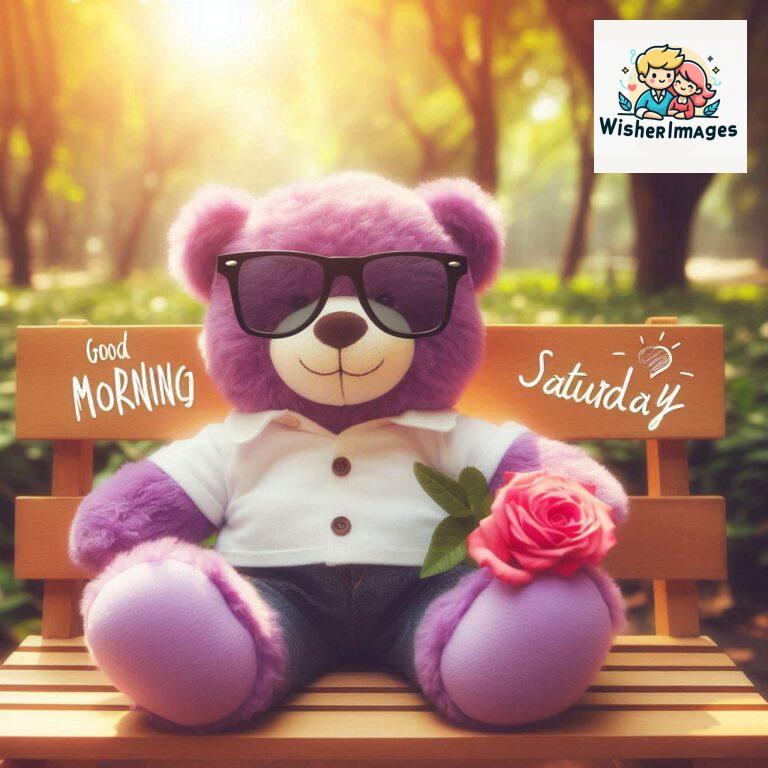 Good-morning-Saturday-free-whatsapp-images-download-A-cute-teddy-bear-reclining-on-a-wooden-bench-An-orange-flower-rests-on-the-bench_79