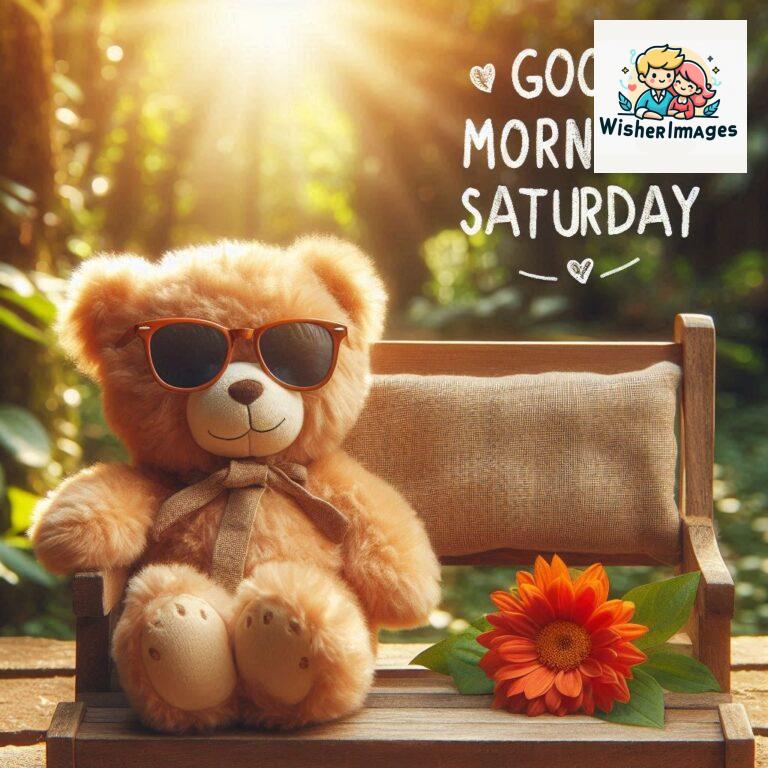 Good-morning-Saturday-free-whatsapp-images-download-A-cute-teddy-bear-reclining-on-a-wooden-bench-An-orange-flower-rests-on-the-bench_8