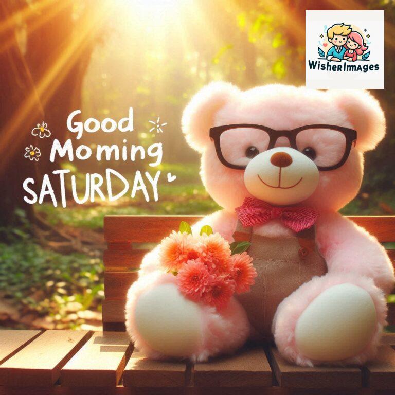 Good-morning-Saturday-free-whatsapp-images-download-A-cute-teddy-bear-reclining-on-a-wooden-bench-An-orange-flower-rests-on-the-bench_80