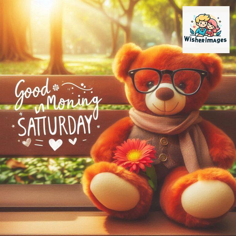 Good-morning-Saturday-free-whatsapp-images-download-A-cute-teddy-bear-reclining-on-a-wooden-bench-An-orange-flower-rests-on-the-bench_83