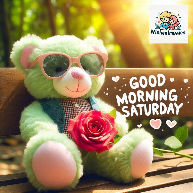 Good-morning-Saturday-free-whatsapp-images-download-A-cute-teddy-bear-reclining-on-a-wooden-bench-An-orange-flower-rests-on-the-bench_84