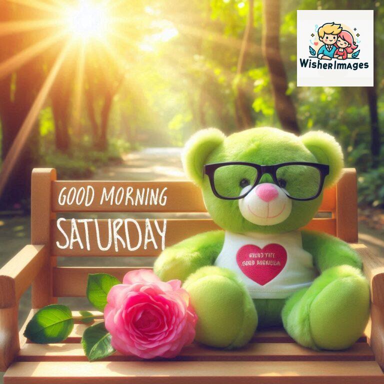 Good-morning-Saturday-free-whatsapp-images-download-A-cute-teddy-bear-reclining-on-a-wooden-bench-An-orange-flower-rests-on-the-bench_85