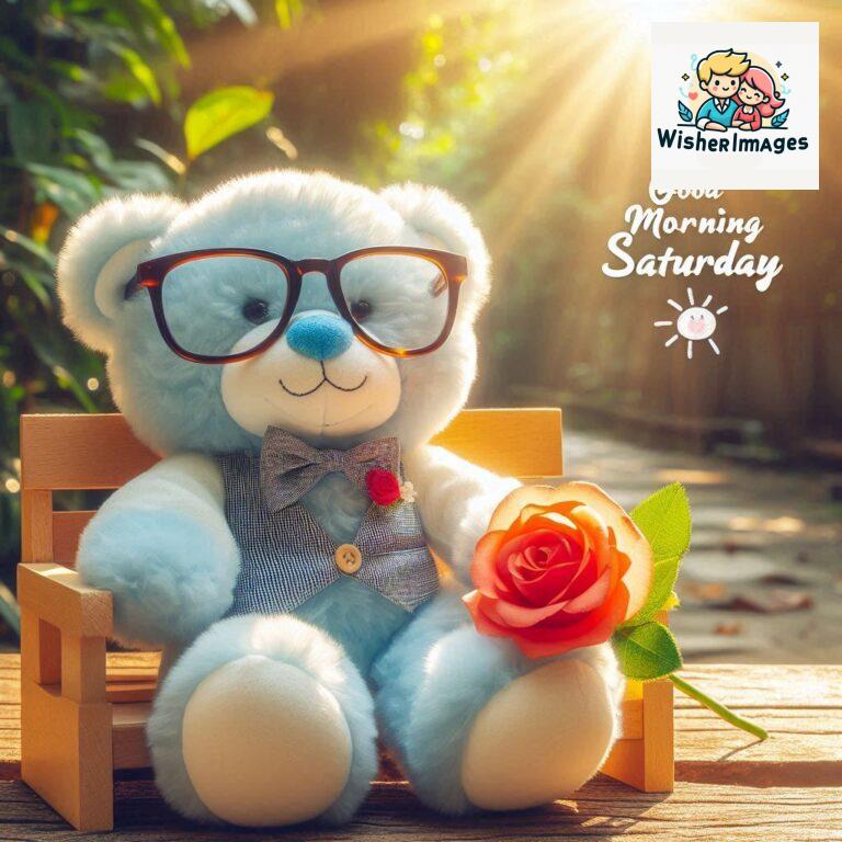 Good-morning-Saturday-free-whatsapp-images-download-A-cute-teddy-bear-reclining-on-a-wooden-bench-An-orange-flower-rests-on-the-bench_86