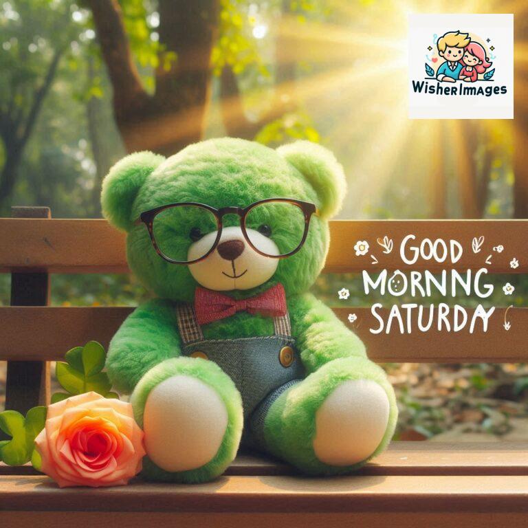 Good-morning-Saturday-free-whatsapp-images-download-A-cute-teddy-bear-reclining-on-a-wooden-bench-An-orange-flower-rests-on-the-bench_88