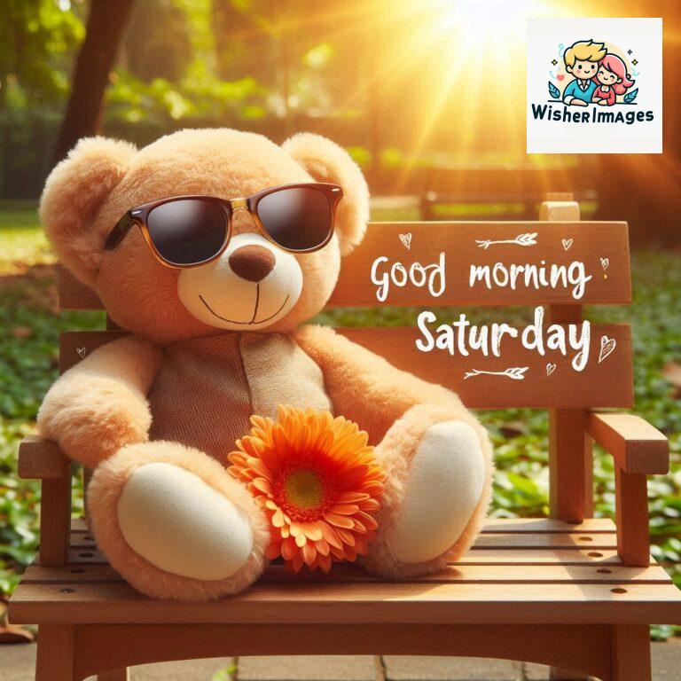 Good-morning-Saturday-free-whatsapp-images-download-A-cute-teddy-bear-reclining-on-a-wooden-bench-An-orange-flower-rests-on-the-bench_89