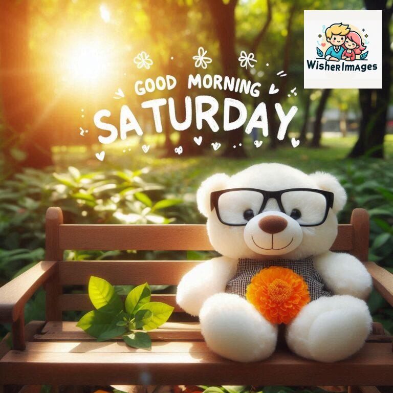 Good-morning-Saturday-free-whatsapp-images-download-A-cute-teddy-bear-reclining-on-a-wooden-bench-An-orange-flower-rests-on-the-bench_90