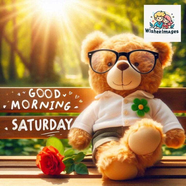 Good-morning-Saturday-free-whatsapp-images-download-A-cute-teddy-bear-reclining-on-a-wooden-bench-An-orange-flower-rests-on-the-bench_91