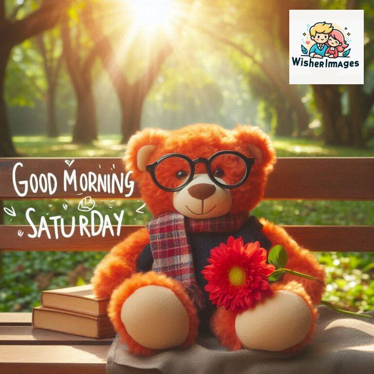 Good-morning-Saturday-free-whatsapp-images-download-A-cute-teddy-bear-reclining-on-a-wooden-bench-An-orange-flower-rests-on-the-bench_92