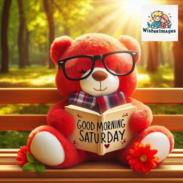 Good-morning-Saturday-free-whatsapp-images-download-A-cute-teddy-bear-reclining-on-a-wooden-bench-An-orange-flower-rests-on-the-bench_93