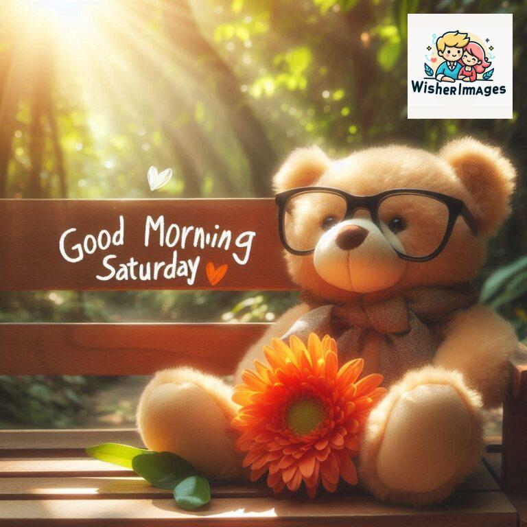 Good-morning-Saturday-free-whatsapp-images-download-A-cute-teddy-bear-reclining-on-a-wooden-bench-An-orange-flower-rests-on-the-bench_96