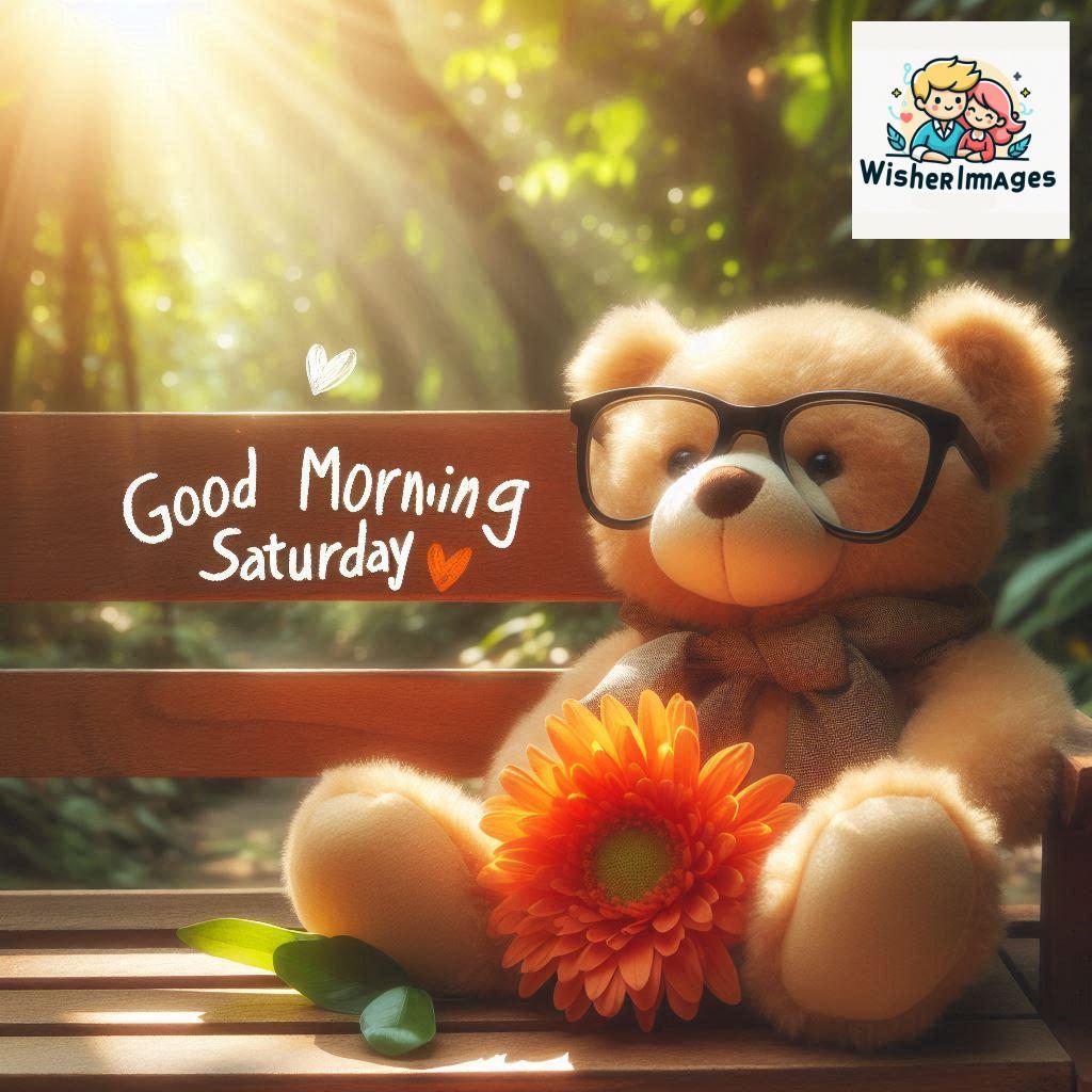 Good morning Saturday free whatsapp images download A cute teddy bear reclining on a wooden bench An orange flower rests on the bench (96)