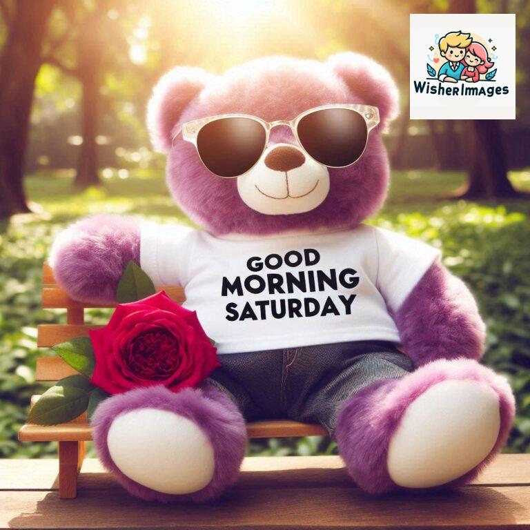 Good-morning-Saturday-free-whatsapp-images-download-A-cute-teddy-bear-reclining-on-a-wooden-bench-An-orange-flower-rests-on-the-bench_98