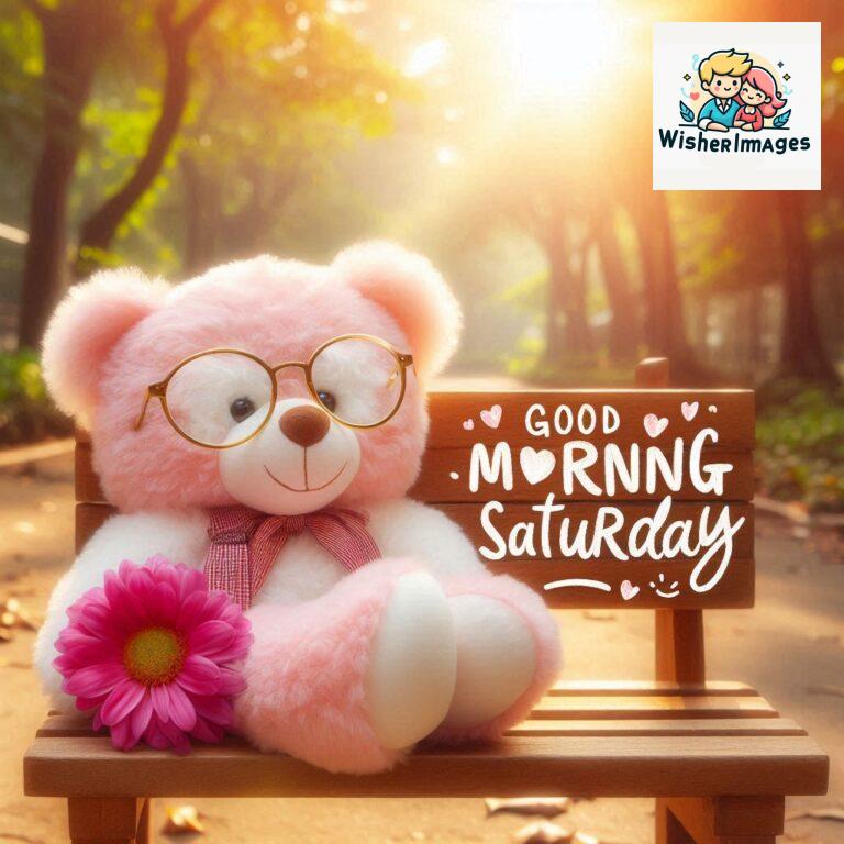 Good-morning-Saturday-free-whatsapp-images-download-A-cute-teddy-bear-reclining-on-a-wooden-bench-An-orange-flower-rests-on-the-bench_99