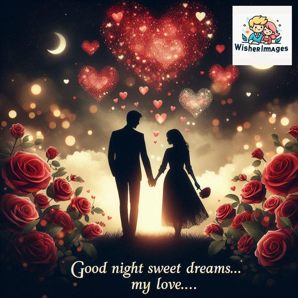 Good night love images with couple is holding hand eachother many heart is placed around the couple with night vibes