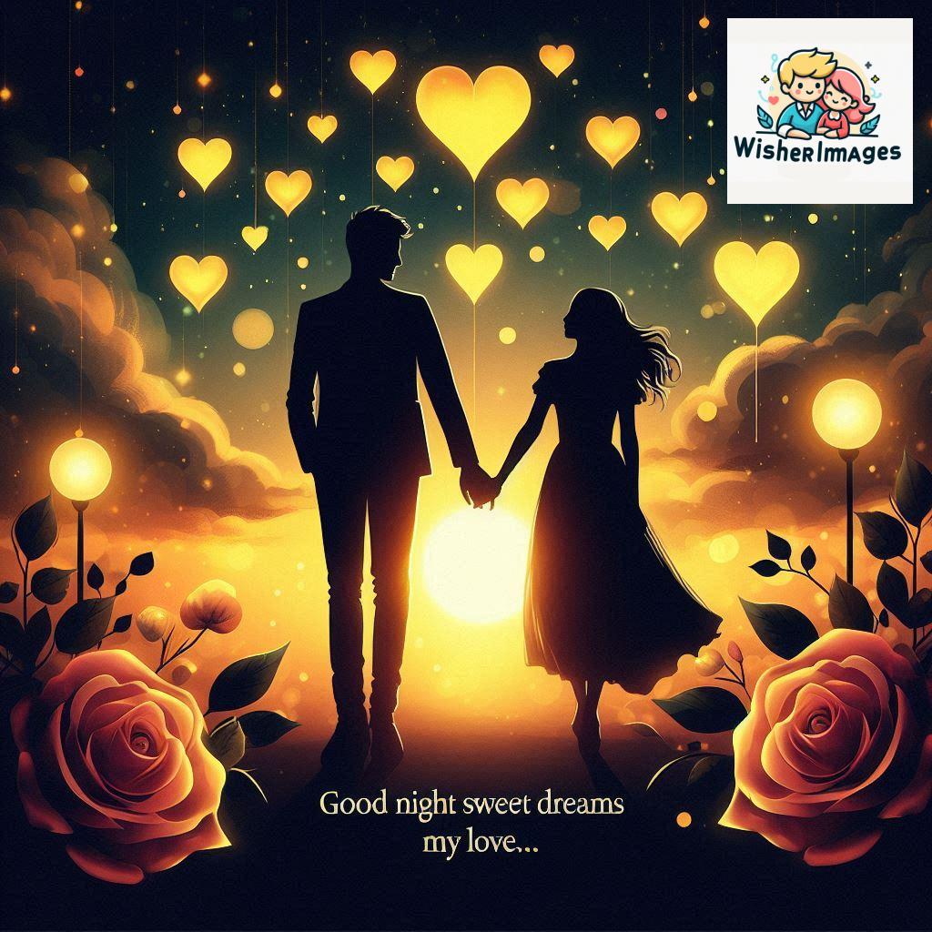 Good night love images with couple is holding hand eachother many heart is placed around the couple with night vibes (83)