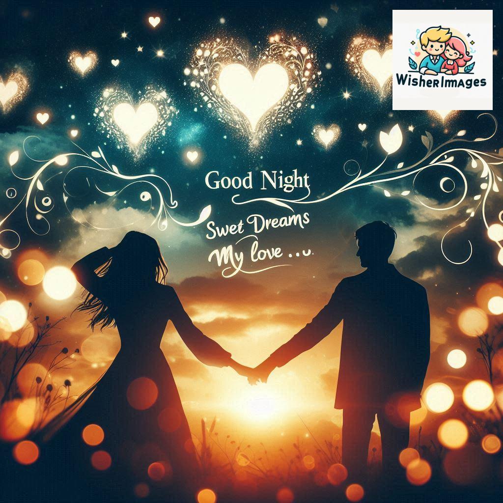 Good night love images with couple is holding hand eachother many heart is placed around the couple with night vibes (87)